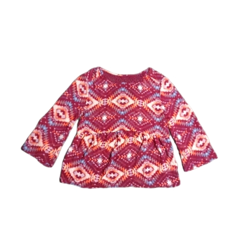 Maroon and Pink Long Sleeve Geometric Babydoll Top